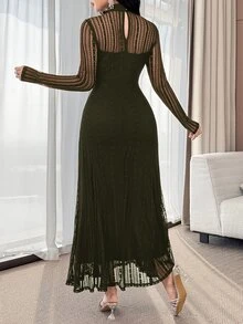 Feyla 女款優雅蕾絲長袖A字洋裝 橄欖綠 適合晚餐、酒吧、派對、秋季 - 橄欖綠 - 查看 7