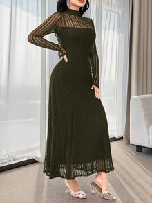 Feyla 女款優雅蕾絲長袖A字洋裝 橄欖綠 適合晚餐、酒吧、派對、秋季 - 橄欖綠 - 查看 5