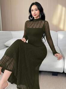 Feyla 女款優雅蕾絲長袖A字洋裝 橄欖綠 適合晚餐、酒吧、派對、秋季 - 橄欖綠 - 查看 2