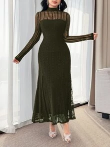 Feyla 女款優雅蕾絲長袖A字洋裝 橄欖綠 適合晚餐、酒吧、派對、秋季 - 橄欖綠 - 查看 4