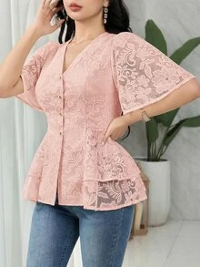 Feyla Women's V-Neck Single-Breasted Fashionable Versatile Casual Shirt - Pink - View 6