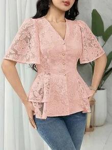 Feyla Women's V-Neck Single-Breasted Fashionable Versatile Casual Shirt - Pink - View 5
