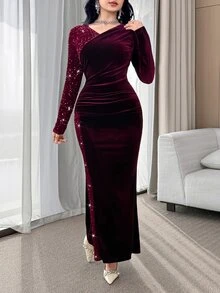 Feyla Fitted Long Red Wine Party Dinner Dress With Sequins And Ruched Velvet, Long Sleeves And V Neck Christmas Dresses For Women Autumn Sexy - Burgundy - View 4