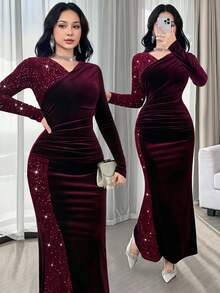 Feyla Fitted Long Red Wine Party Dinner Dress With Sequins And Ruched Velvet, Long Sleeves And V Neck Christmas Dresses For Women Autumn Sexy - Burgundy - View 1