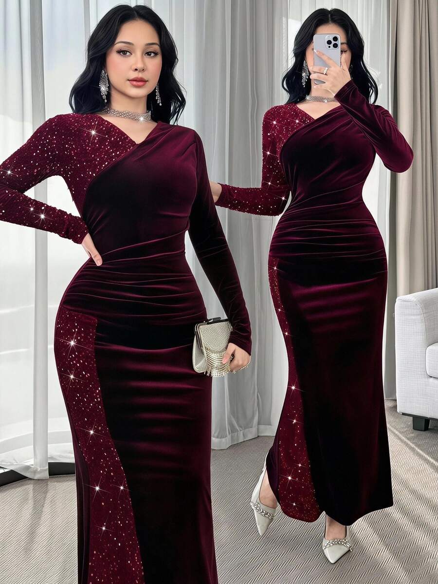 Feyla Fitted Long Red Wine Party Dinner Dress With Sequins And Ruched Velvet, Long Sleeves And V Neck Christmas Dresses For Women Autumn Sexy - Burgundy - View 1