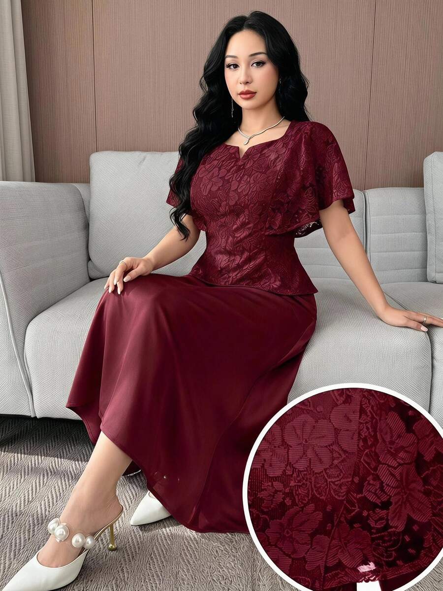 Feyla Chic Women's Red Floral Lace Detailed Square Neck Top And Skirt 2 Pieces Set With Short Flutter Sleeves Perfect For Evenings - Burgundy - View 1