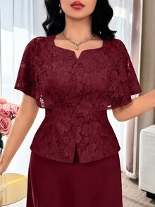 Feyla Chic Women's Red Floral Lace Detailed Square Neck Top And Skirt 2 Pieces Set With Short Flutter Sleeves Perfect For Evenings - Burgundy - View 7