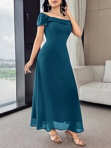 Feyla Women's Solid Color Pleated Elegant Waist Cinched Long Party Dress - Teal Blue - View 5