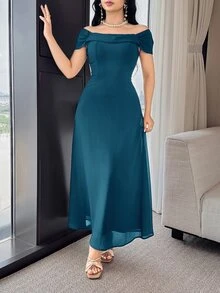 Feyla Women's Solid Color Pleated Elegant Waist Cinched Long Party Dress - Teal Blue - View 6