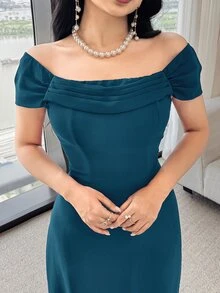 Feyla Women's Solid Color Pleated Elegant Waist Cinched Long Party Dress - Teal Blue - View 3