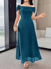 Feyla Women's Solid Color Pleated Elegant Waist Cinched Long Party Dress - Teal Blue - View 4