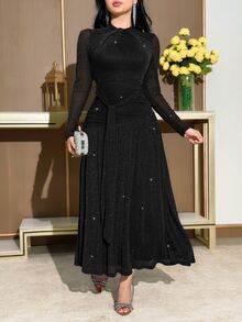 Feyla Women's Elegant Midi Dress,Long Sleeves Black Autumn Shimmering Fabric Ruched Waist Tie Detail Day Party Wedding Guest Valentine Outfits For Women - Black - View 5