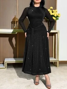 Feyla Women's Elegant Midi Dress,Long Sleeves Black Autumn Shimmering Fabric Ruched Waist Tie Detail Day Party Wedding Guest Valentine Outfits For Women - Black - View 6
