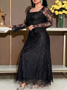 Feyla 女款大尺碼黑色蕾絲優雅蓬鬆性感洋裝，適合派對、正式場合、雞尾酒會、晚宴與婚禮，秋季新年新款 - 黑色 - 查看 5