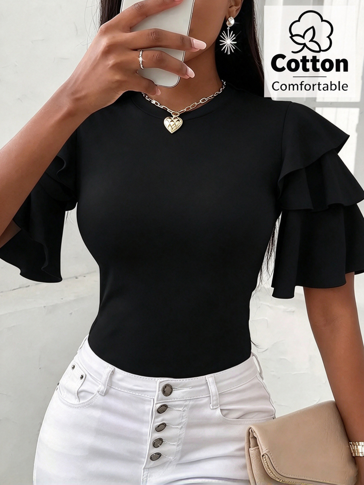 RosyDaze Plus Size Multi-Layer Sleeve Crew Neck Solid Color T-Shirt - Black - View 4