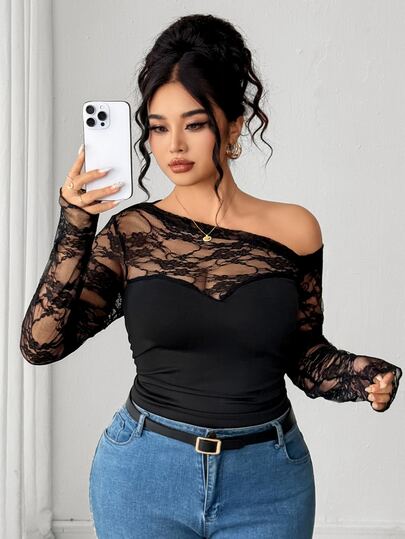 Elenzga Plus Size Women's Elastic Lace Asymmetric Neck Fitted Long Sleeve Top, Black Sheer Long Sleeve Commuter Night Rave Casual Elegant Sexy Blouse Autumn