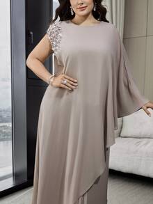 Modelyn Plus Size Women Elegant Poncho Sleeve Rhinestone Faux Pearl Decor Asymmetric Hem Long Top And Pleated Skirt 2 Pieces Set Formal Wedding Dusty Blue - Khaki - View 7