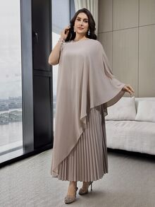 Modelyn Plus Size Women Elegant Poncho Sleeve Rhinestone Faux Pearl Decor Asymmetric Hem Long Top And Pleated Skirt 2 Pieces Set Formal Wedding Dusty Blue - Khaki - View 5