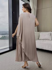 Modelyn Plus Size Women Elegant Poncho Sleeve Rhinestone Faux Pearl Decor Asymmetric Hem Long Top And Pleated Skirt 2 Pieces Set Formal Wedding Dusty Blue - Khaki - View 10
