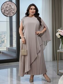 Modelyn Plus Size Women Elegant Poncho Sleeve Rhinestone Faux Pearl Decor Asymmetric Hem Long Top And Pleated Skirt 2 Pieces Set Formal Wedding Dusty Blue - Khaki - View 9