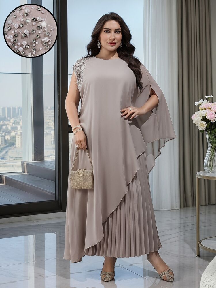 Modelyn Setelan 2 Potong Wanita Ukuran Plus Elegan dengan Lengan Poncho, Hiasan Berlian Imitasi dan Mutiara, Model Asimetris, Atasan Panjang dan Rok Lipit, Warna Biru Muda untuk Acara Formal dan Pernikahan - Khaki - View 8