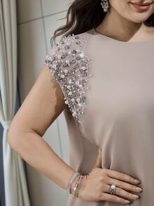 Modelyn Plus Size Women Elegant Poncho Sleeve Rhinestone Faux Pearl Decor Asymmetric Hem Long Top And Pleated Skirt 2 Pieces Set Formal Wedding Dusty Blue - Khaki - View 4