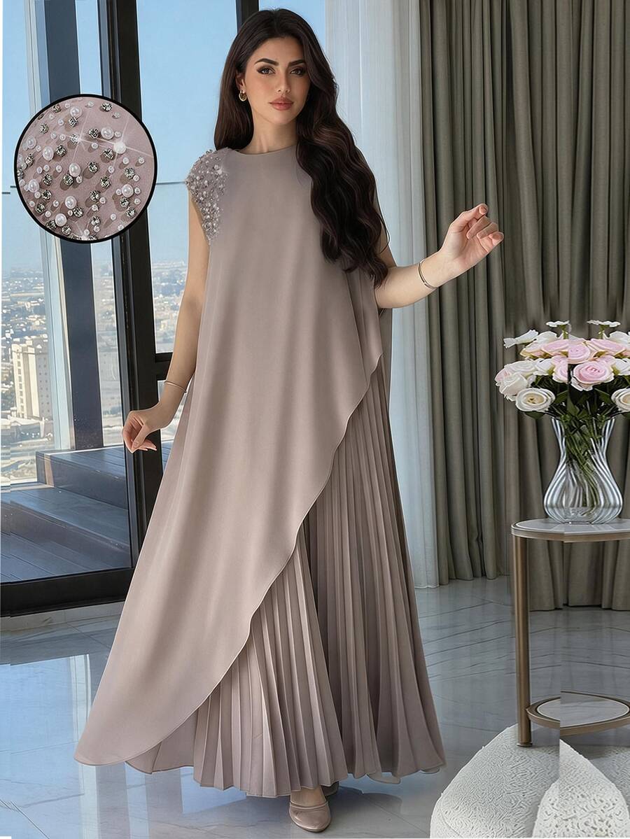 Modelyn Plus Size Women Elegant Poncho Sleeve Rhinestone Faux Pearl Decor Asymmetric Hem Long Top And Pleated Skirt 2 Pieces Set Formal Wedding Dusty Blue