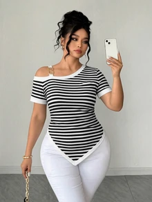 Elenzga Plus Size Elegant Casual Asymmetric Color Block Metal Buckle Cold Shoulder Top - Black and White - View 5