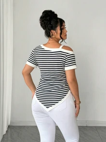 Elenzga Plus Size Elegant Casual Asymmetric Color Block Metal Buckle Cold Shoulder Top - Black and White - View 2