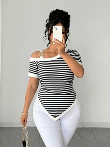 Elenzga Plus Size Elegant Casual Asymmetric Color Block Metal Buckle Cold Shoulder Top - Black and White - View 6