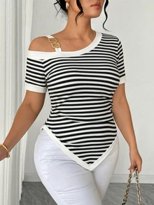 Elenzga Plus Size Elegant Casual Asymmetric Color Block Metal Buckle Cold Shoulder Top - Black and White - View 7