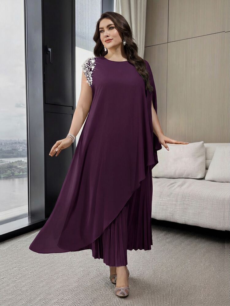 Modelyn Plus Size Women's Asymmetric Hem Pearl Decor Long Shirt And Pleated Midi Skirt Elegant 2-Piece Set Fall - Purple - View 4