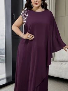 Modelyn Plus Size Women's Asymmetric Hem Pearl Decor Long Shirt And Pleated Midi Skirt Elegant 2-Piece Set Fall - Purple - View 5