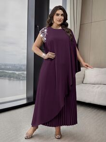 Modelyn Plus Size Women's Asymmetric Hem Pearl Decor Long Shirt And Pleated Midi Skirt Elegant 2-Piece Set Fall - Purple - View 8