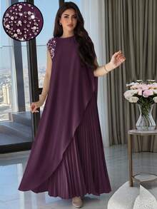 Modelyn Plus Size Women's Asymmetric Hem Pearl Decor Long Shirt And Pleated Midi Skirt Elegant 2-Piece Set Fall - Purple - View 1