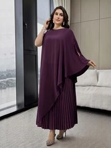 Modelyn Plus Size Women's Asymmetric Hem Pearl Decor Long Shirt And Pleated Midi Skirt Elegant 2-Piece Set Fall - Purple - View 9