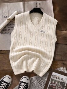 Manfinity CasualKnits Men's Letter Pattern Casual Daily Wear Knitted Vest Festival Boys Fall/Winter Daily New Pull, Sweaters - Apricot - View 1