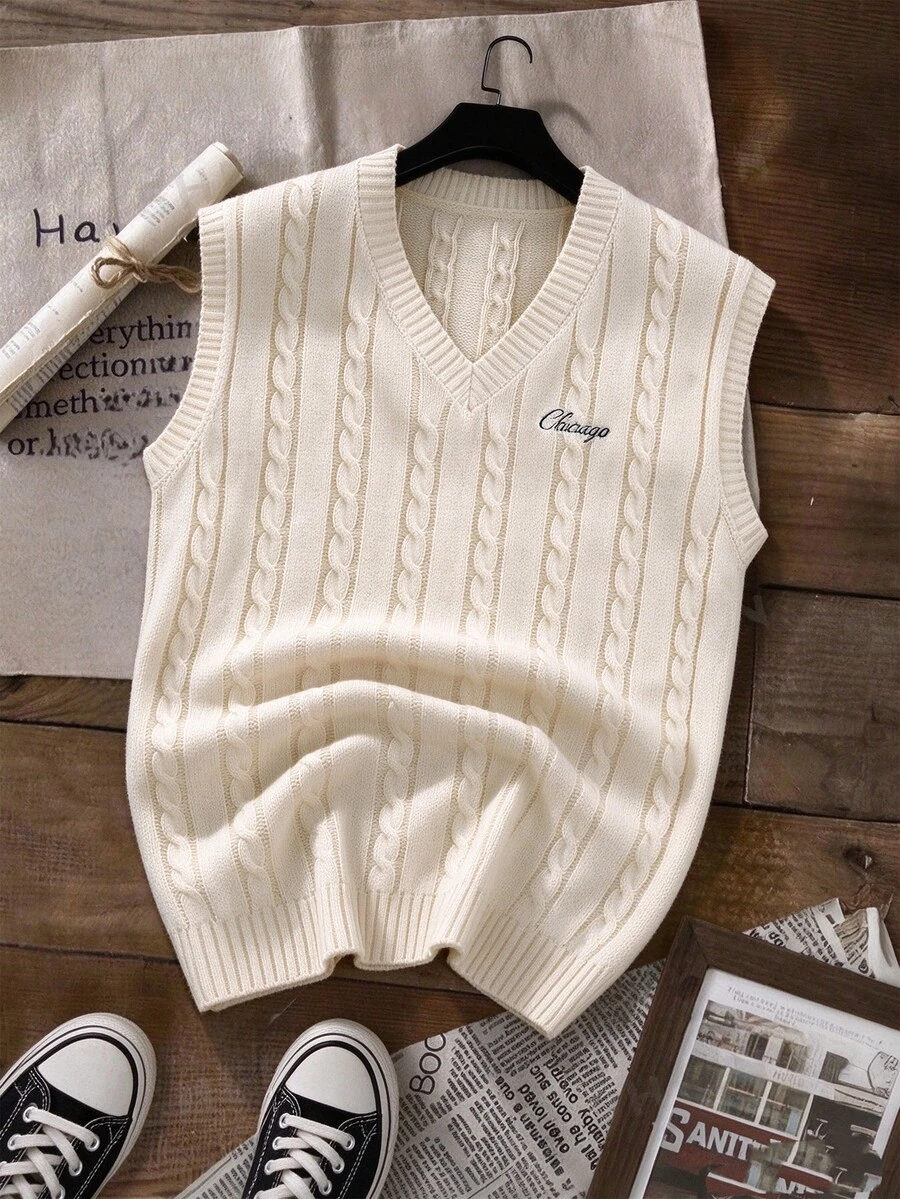 Manfinity CasualKnits Men's Letter Pattern Casual Daily Wear Knitted Vest Festival Boys Fall/Winter Daily New Pull, Sweaters - Apricot - View 1