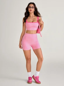 SHEIN Sovereign Charm 女款拼色短版細肩帶背心上衣與短褲運動套裝 - 彩色 - 查看 7
