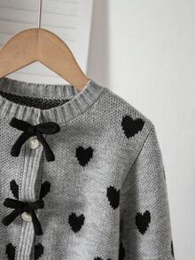 SHEIN Playful Pals 女童秋冬加厚時尚蝴蝶結可愛簡約針織長袖開襟毛衣 - 淺灰色 - 查看 8