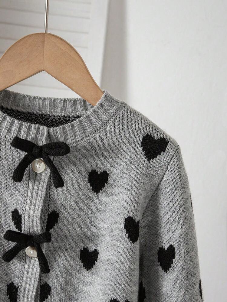 SHEIN Playful Pals Girls' Autumn/Winter Thick Fashionable Bow Cute Minimalist Knitted Sweater Long Sleeve Cardigan - Light Grey - View 7