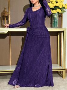 Modelyn Plus Size Women Lace Patchwork Ruffle Elegant Waist Gathering Party Dress Fall - Purple - View 5