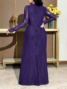 Modelyn Plus Size Women Lace Patchwork Ruffle Elegant Waist Gathering Party Dress Fall - Purple - View 2