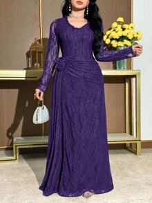 Modelyn Plus Size Women Lace Patchwork Ruffle Elegant Waist Gathering Party Dress Fall - Purple - View 6