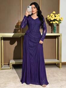 Modelyn Plus Size Women Lace Patchwork Ruffle Elegant Waist Gathering Party Dress Fall - Purple - View 1