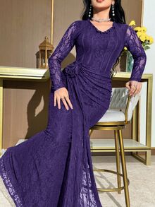 Modelyn Plus Size Women Lace Patchwork Ruffle Elegant Waist Gathering Party Dress Fall - Purple - View 8