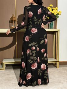 Modelyn Plus Size Women's Elegant Floral Print V-Neck Ruched Waist Vacation Dress, Suitable For Spring, Summer And Autumn Fall - Multicolor - View 2