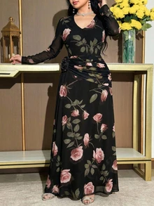 Modelyn Plus Size Women's Elegant Floral Print V-Neck Ruched Waist Vacation Dress, Suitable For Spring, Summer And Autumn Fall - Multicolor - View 4