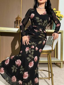 Modelyn Plus Size Women's Elegant Floral Print V-Neck Ruched Waist Vacation Dress, Suitable For Spring, Summer And Autumn Fall - Multicolor - View 6