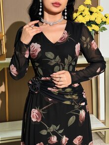 Modelyn Plus Size Women's Elegant Floral Print V-Neck Ruched Waist Vacation Dress, Suitable For Spring, Summer And Autumn Fall - Multicolor - View 5